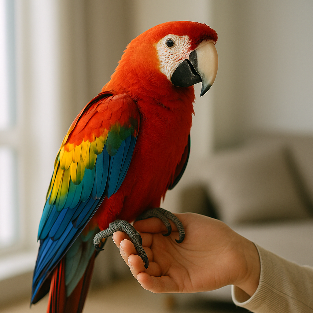 Parrot with owner, Bird as pet, colourful and energetic