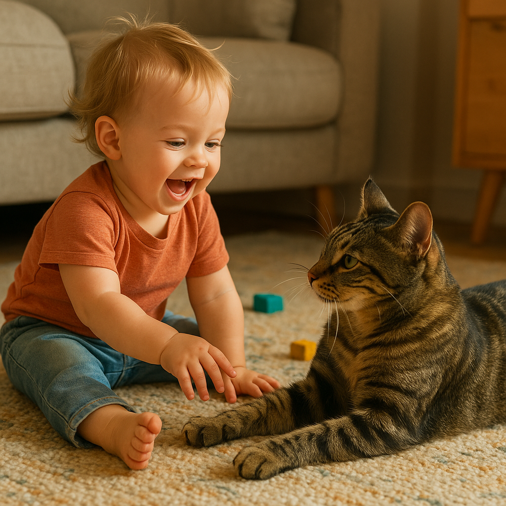 Child smiling while playing with cat, showing family bond.