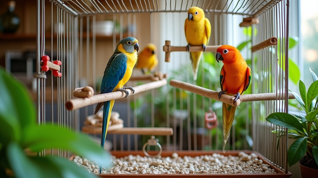 Colorful pet bird toys and an inviting bird cage