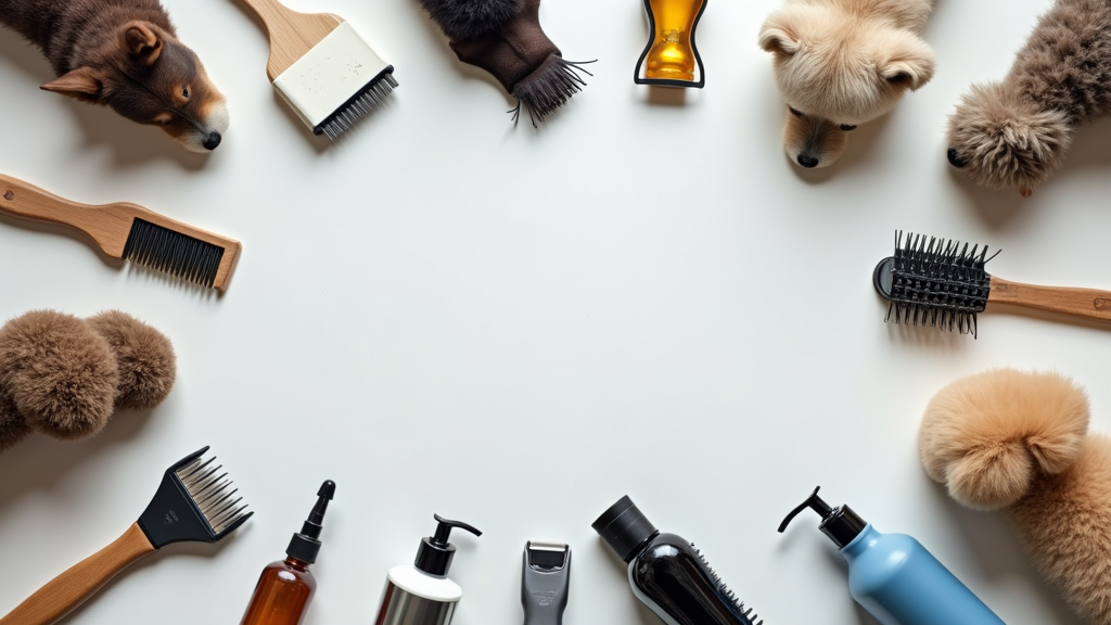 Dog grooming tools and supplies arranged on a table