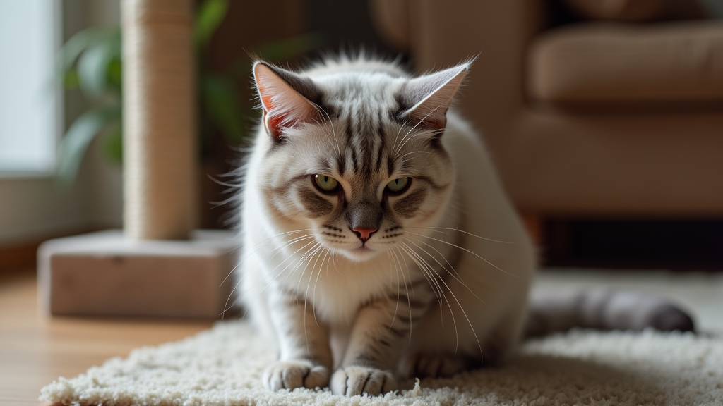 Aggressive cat hissing near a scratching post