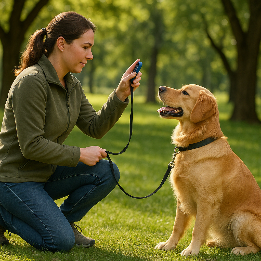  Owner using clicker to train dog and prevent marking.
