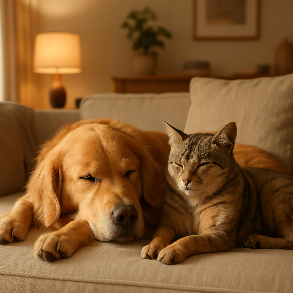 Dog and cat resting calmly together in the living room after training