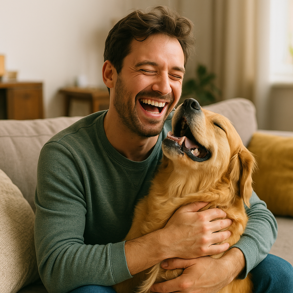 Cudling with pet dog showing bond