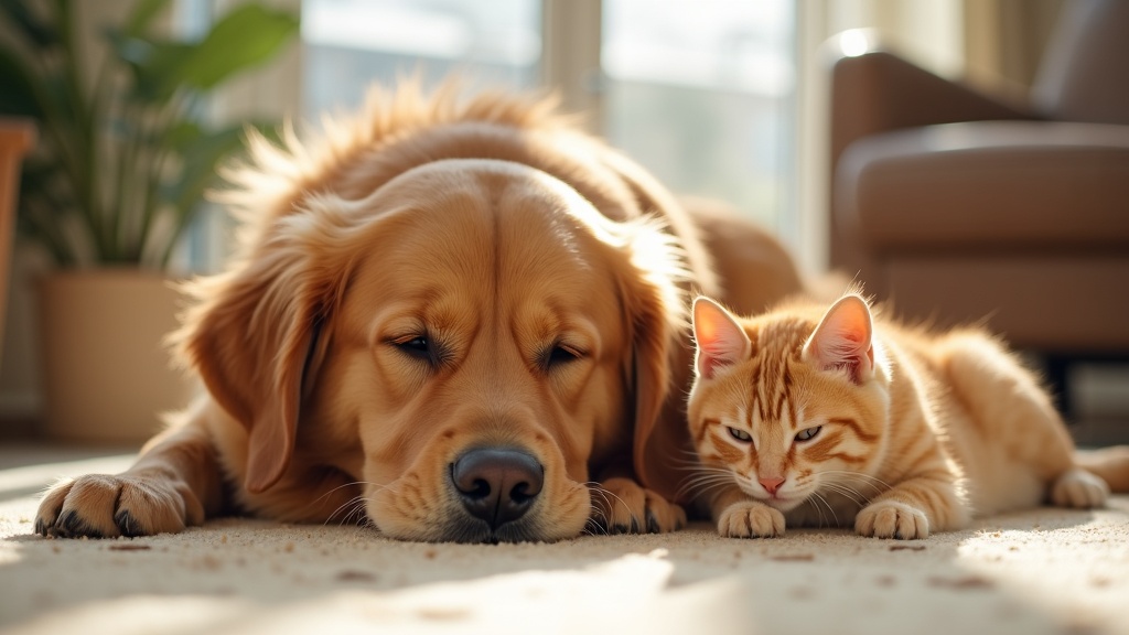 Golden retriever resting with a young orange tabby cat on a sunny floor
